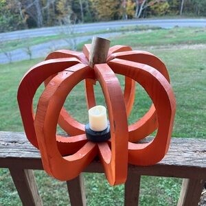 Orange Wooden Pumpkin Candle Holder